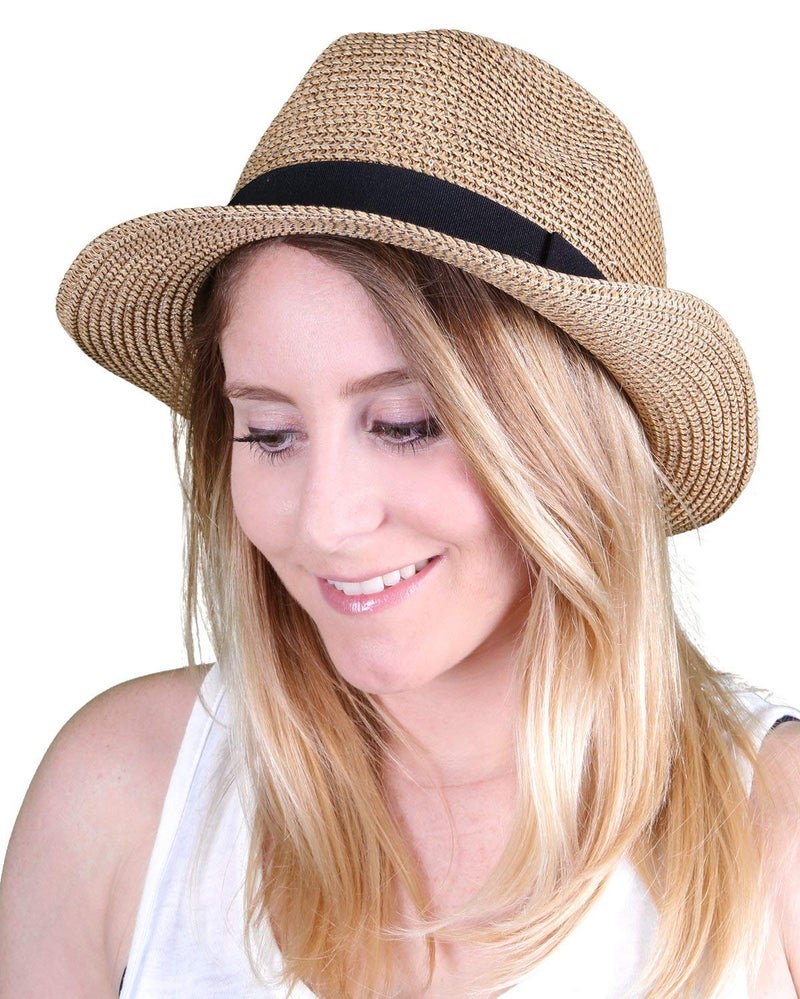 Funky Junque Ladies Fedora Hats Summer Women's Adjustable Multicolor Short Brim UPF 50+ UV Protection - Brown/Natural Mix W/Black Band - Image 5